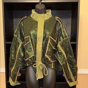 Sequin Green Jacket with hidden zipper and silver button Accents